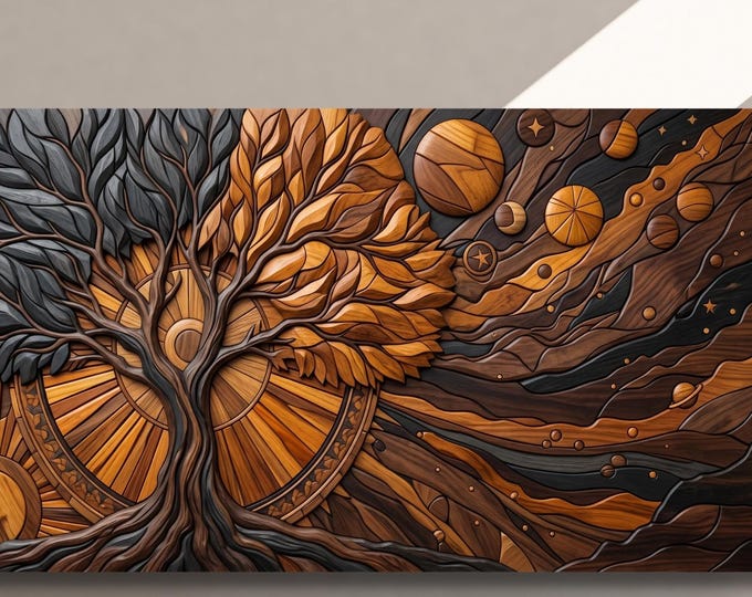 Faux Wood Tree of Life Canvas Art: Celestial Intarsia Landscape (Digital Download)