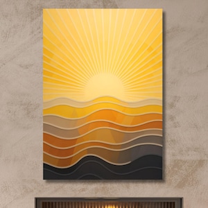 Quadro su tela con tramonto boho, poster arancione acceso, quadro da parete retrò marrone, stampa astratta di sole e mare, regalo per ragazza retrò, decorazione autunnale