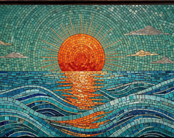 Panoramic Mosaic Sea Sun Canvas Art, Abstract Waves Beach Wall Art