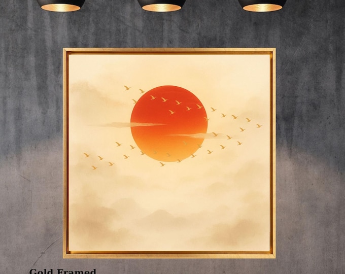 Sage Moon Japandi Canvas Wall Art, Flock of Birds Framed Print, Japanese Rising Sun Canvas, Square Oriental Wall Decor for Living Room gift