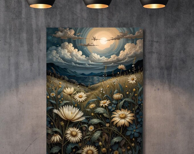 Full Moon Wildflower Canvas, Flower Garden Flower Market canvas, Moonlit Pine Tree Forest wall Art, Rustic Mountain Art, Woodland Klimt Gift
