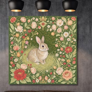 Whimsical Rabbit Canvas in William Morris Style Vintage Floral Wall Art Animal Nature Print for Nursery, Cottagecore or Classic Home Decor