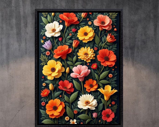 Botanical Colorful Wildflower Field Canvas Wall Art, Vintage Dark Green Wildflowers Print, Wildflower Wall Art,Modern Farmhouse Canvas decor