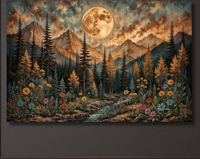 Full Moon Wildflower Canvas, Flower Garden Flower Market canvas, Moonlit Pine Tree Forest wall Art, Rustic Mountain Art, Woodland Klimt Gift