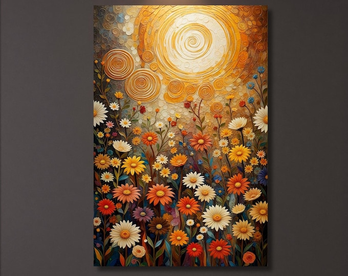 Wildflower Canvas, Flower Garden Canvas, Bedroom Wall Art, Sunrise Klimt Wall Art Above Sun Wall Art Christmas Gift  Sunset Canvas Wall Art