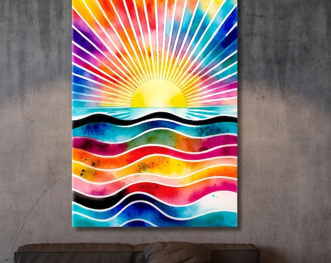 Boho Sunset Canvas Art: Abstract Sun & Sea Print