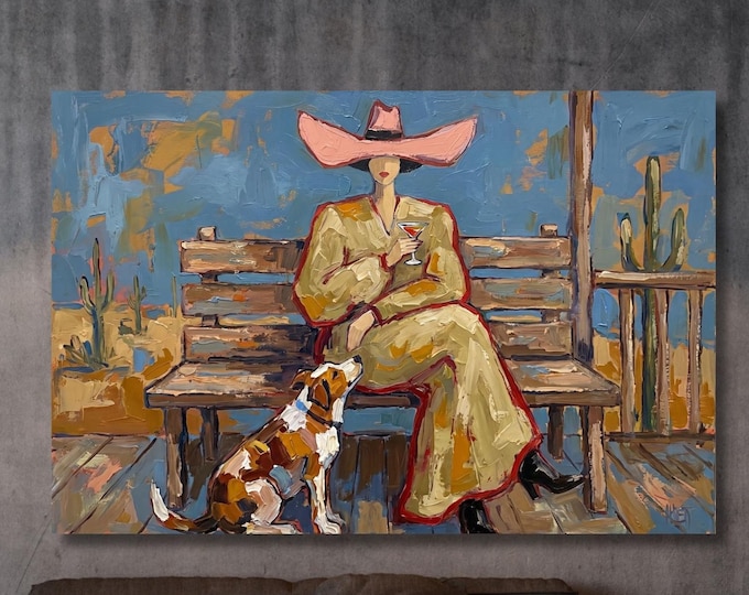 Cowgirl Martini Bar Canvas Art: Western Woman and Dog Print – Ranch Decor