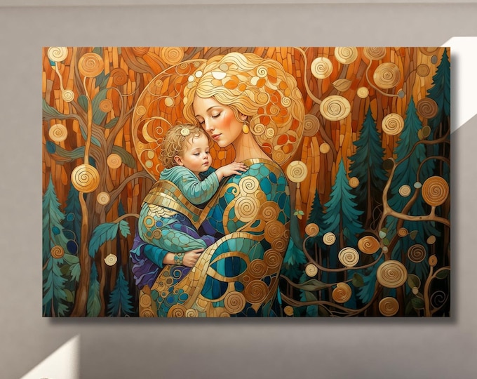 Gustav Klimt The Mother and Child Ready To Hang Canvas,Museum Prints Canvas Wall Art,Gustav Klimt Canvas Print Flower Garden Flower Market