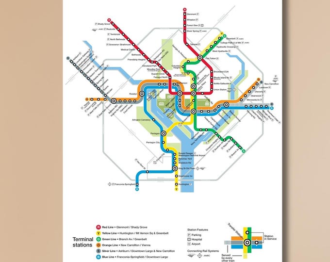 Washington DC Metrorail System Map Canvas Print, DC Metro Line Transit Wall Art, Maryland Virginia Transit Map Poster, Minimalist City Map