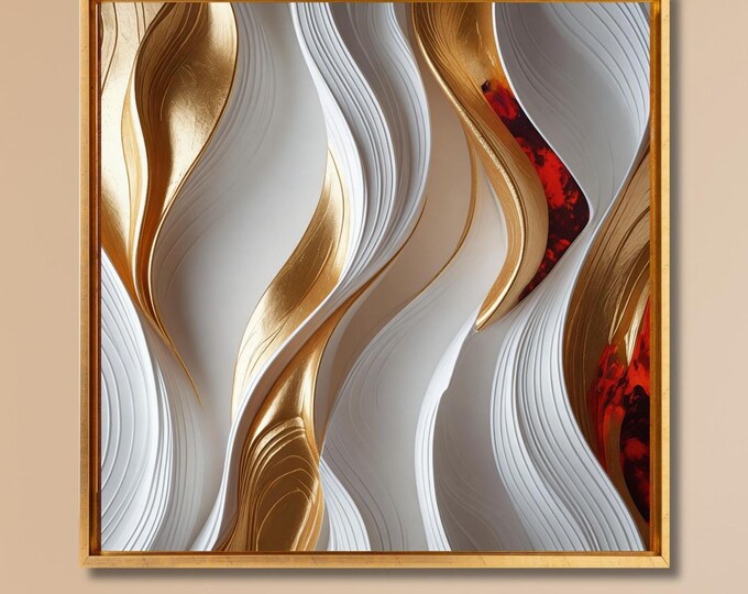 Abstract Gold White Flow Canvas Art, Modern Wavy Wall Decor, 3D Fluid Painting