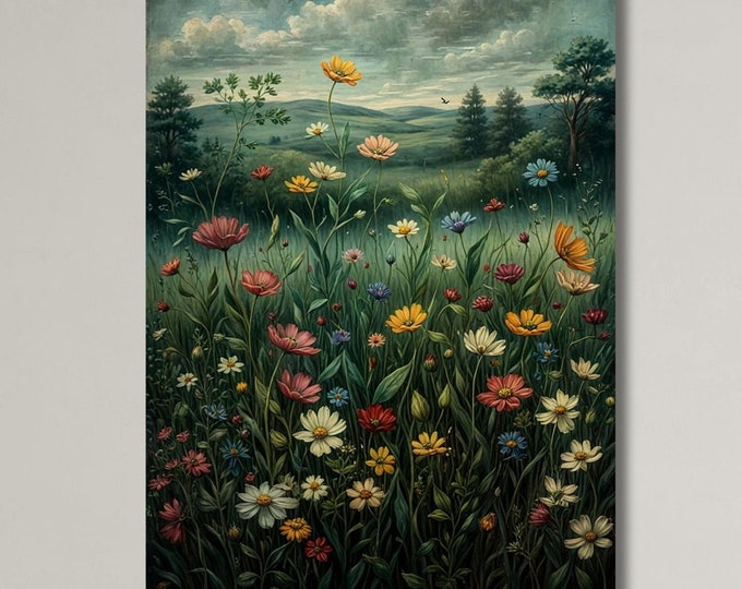 Gustav Klimt style Canvas Wildflower Field Canvas Vintage Botanical Landscape Sign, Floral Decor, Wildflower Flowers Canvas Minimalist Print