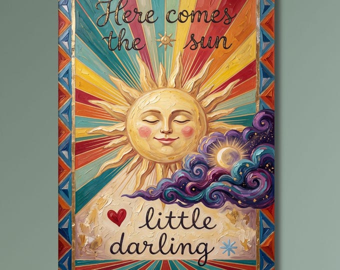 Smiling Sun Little Darling Print, Colorful Boho Celestial Quote, Nursery Bedroom Wall Decor