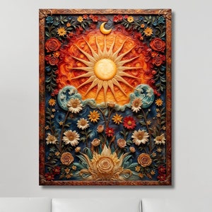 Sun Moon Stars Canvas Wall Art Mystical Boho Magical Fantasy Nature Wall Art, Abstract Gaia Ready to Hang Gaia Wall Art Canvas art Astrology