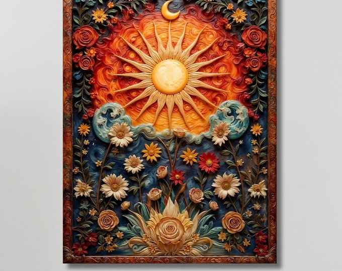 Sun Moon Stars Canvas Wall Art Mystical Boho Magical Fantasy Nature Wall Art, Abstract Gaia Ready to Hang Gaia Wall Art Canvas art Astrology
