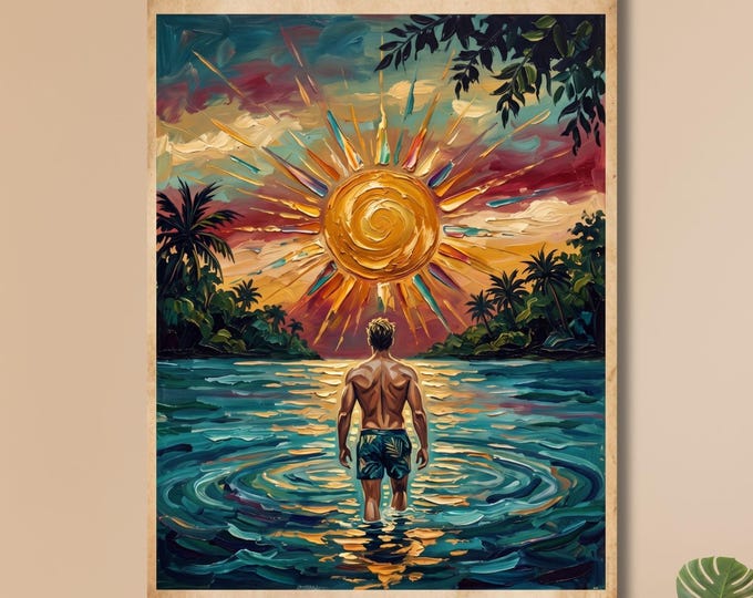 Into The Water I Go Print, Lose My Mind Find My Soul, Man Swimming Sunset Boho Beach Decor