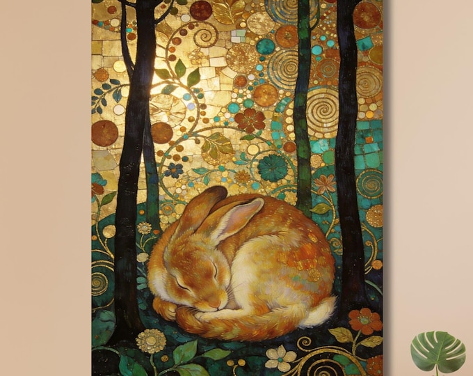 Klimt Sleeping Rabbit Gold Forest Print, Art Nouveau Bunny Mosaic Floral, Nursery Bedroom Wall Decor