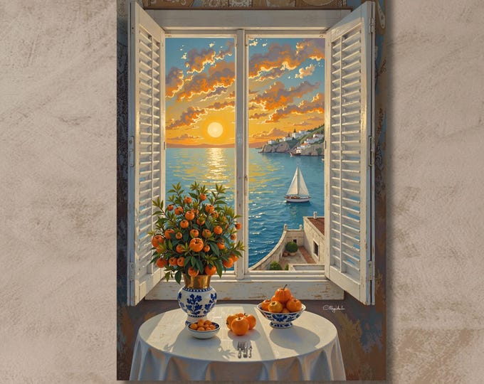 Sunrise and Orange Canvas in Matisse Style Abstract Window Scene Vibrant Colorful Wall Art for Kitchen or Modern Interior Decor Lovers art