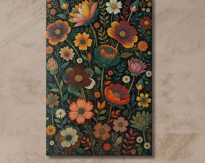 Botanical Colorful Wildflower Field Canvas Wall Art, Vintage Dark Green Wildflowers Print, Wildflower Wall Art,Modern Farmhouse Canvas decor