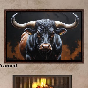 Majestic Bull Canvas Wall Art, Powerful Horned Bull Illustration, Dark Animal Art Print, Rustic Modern Decor, Ready to Hang Artwork canvas