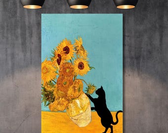 ヴィンテージひまわり猫油絵プリント | ゴッホのひまわり静物画に