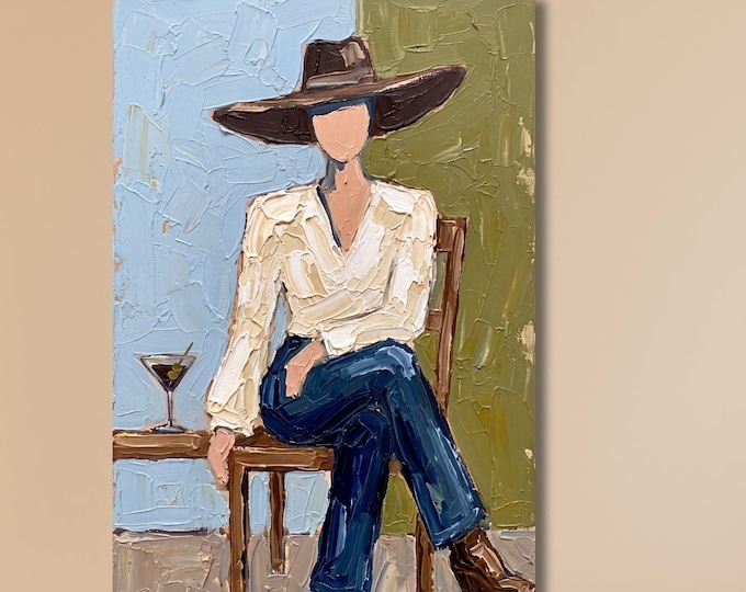 Martini Cowgirl, Textured Faceless Print - Western Glam Artwork, Red Cowboy Boot, Sage Green, Cotton Canvas