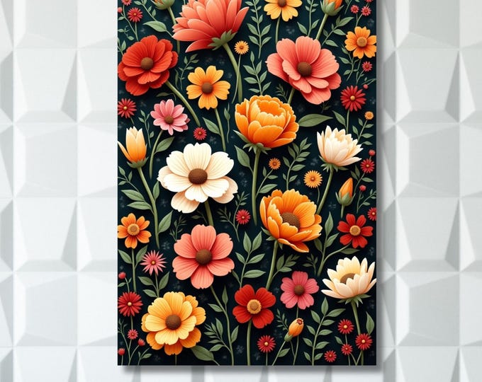 Botanical Colorful Wildflower Field Canvas Wall Art, Vintage Dark Green Wildflowers Print, Wildflower Wall Art,Modern Farmhouse Canvas decor