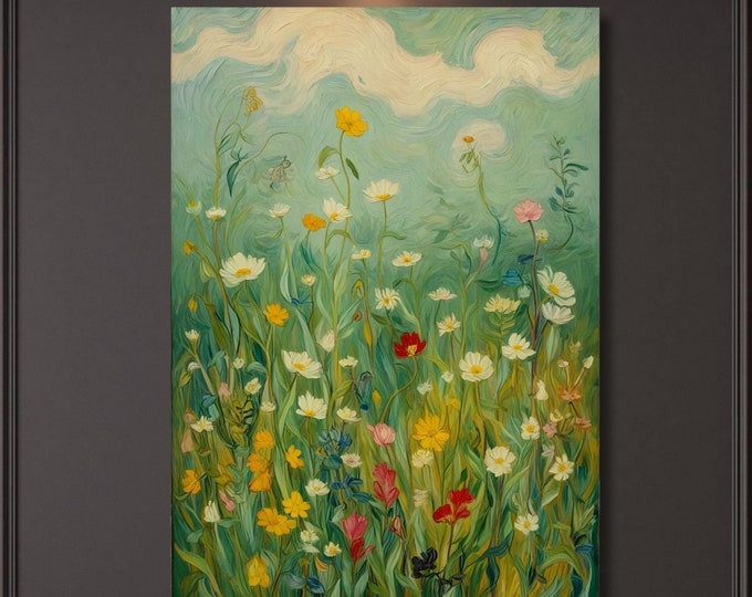 Gustav Klimt Style Wildflower Field Canvas Print: Vintage Botanical Landscape