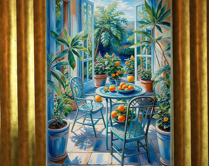 Matisse Style Canvas Print: Open Window with Oranges, Coastal Art