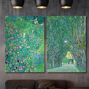 Conjunto de 2 lienzos de paisaje de flores silvestres de Gustav Klimt, arte de pared grande de Klimt, arte vintage, arte verde, regalo, decoración de pared, impresión de campos de amapolas.