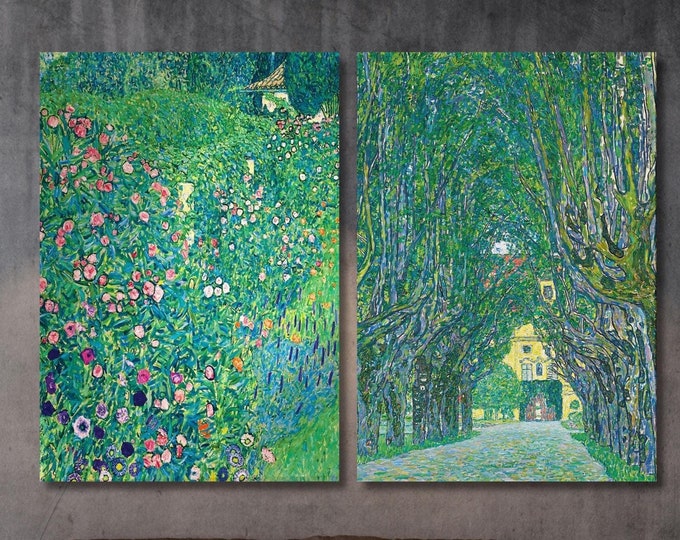 Set of 2 Gustav Klimt Landscape Wildflower Canvas Wall Art Klimt Large Wall Art,Vintage Art,Green Art, Gift,Wall Decor Poppy Fields Print,