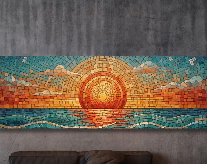 Panoramic Mosaic Sea Sun Canvas Art, Abstract Waves Beach Wall Art