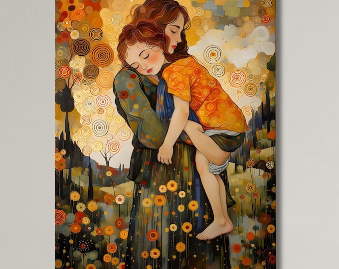 Gustav Klimt The Mother and Child Ready To Hang Canvas,Museum Prints Canvas Wall Art,Gustav Klimt Canvas Print Flower Garden Flower Market