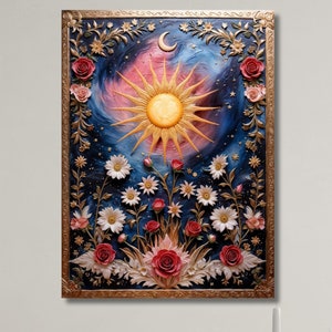 Sun Moon Stars Canvas Wall Art Mystical Boho Magical Fantasy Nature Wall Art, Abstract Gaia Ready to Hang Gaia Wall Art Canvas art Astrology