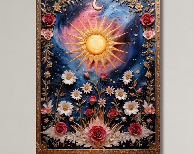 Sun Moon Stars Canvas Wall Art Mystical Boho Magical Fantasy Nature Wall Art, Abstract Gaia Ready to Hang Gaia Wall Art Canvas art Astrology