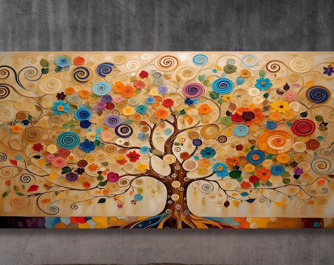 Gustav Klimt Tree of Life Canvas Art Print, Vibrant Floral Painting Poster