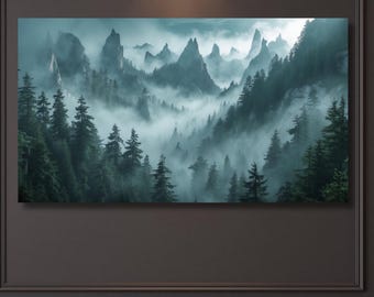 Forest mountains Canvas Wall print misty foggy mountains photography green forest landscape print large nature wall Exhibition art Forest