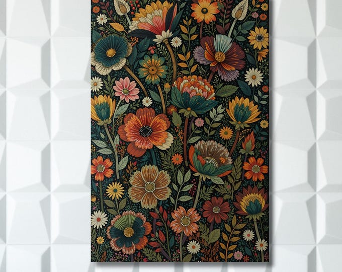 Botanical Colorful Wildflower Field Canvas Wall Art, Vintage Dark Green Wildflowers Print, Wildflower Wall Art,Modern Farmhouse Canvas decor