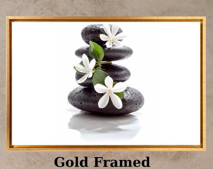 Zen Stones Canvas Art, Jasmine Spa Meditation Decor, Rustic Faux Wood Print