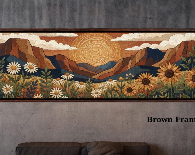 Panoramic Boho Mountain Landscape Canvas Wall Art, Framed Canvas Japanese Style Mid Century Exhibition Large Modern Living Room Decor