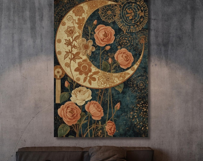 Floral Crescent Moon Dark Canvas Wall Art Cottagecore William Morris Print, Lunar Decor Gift art, Whimsigoth Decor, Botanical Print Canvas