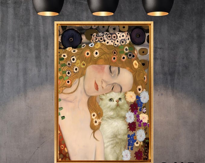 Gustav Klimt Inspired Mother and Cat Canvas – Whimsical Art Nouveau Style Wall Art – Cozy Decorative Print for Home or Nursery poster canvas