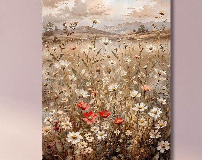Abstract Wildflowers Field Gustav Klimt style Canvas Wildflower Field Canvas Vintage Botanical Wildflower Flowers Canvas Minimalist Print