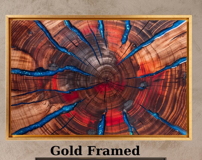 Tree Ring Canvas Print, Blue Resin Wood Slice Wall Art, Rustic Modern Abstract Canvas, Epoxy Wood Print, Large Living Room Decor
