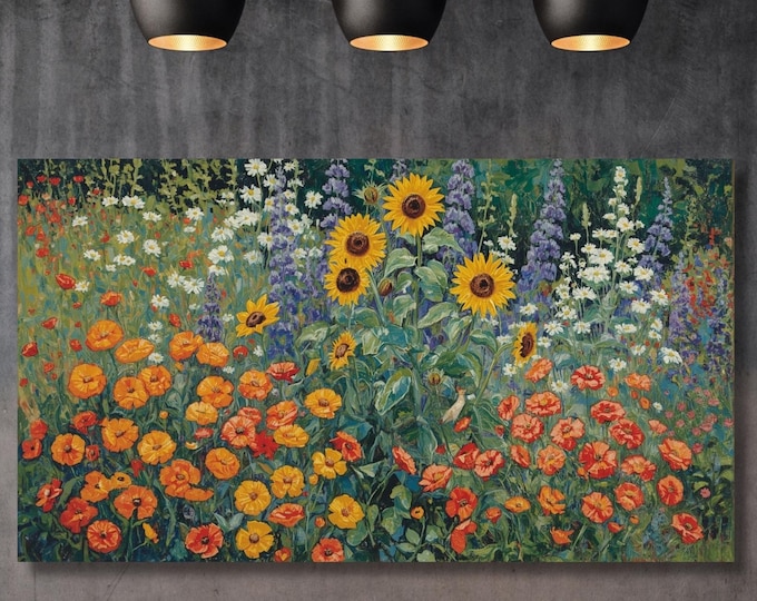 Klimt Style Flower Garden Canvas Wall Art – Colorful Botanical Print – Nature Inspired Bedroom or Living Room Wall Decor Ready to Hang art