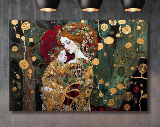 Gustav Klimt The Mother and Child Ready To Hang Canvas,Museum Prints Canvas Wall Art,Gustav Klimt Canvas Print Flower Garden Flower Market