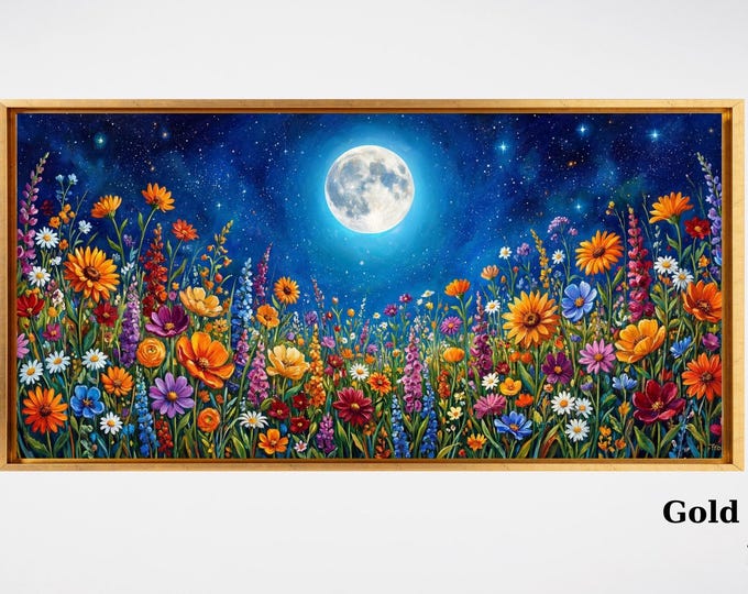 Forest Wildflowers Canvas Wall Art, Moonlit Pine Tree Forest Wall Art, Rustic Forest Painting, Full Moon Wall Art Painting Vintage Forest