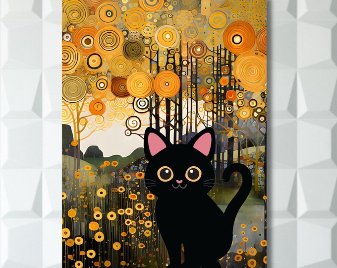 Gustav Klimt Black Cat Canvas Art,Art Nouveau Floral Garden Print, Famous Painting Reproduction, Vintage Feline Artwork, Cat Lover Gift Idea