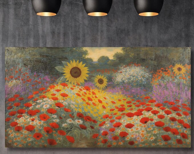 Klimt Style Flower Garden Canvas Wall Art – Colorful Botanical Print – Nature Inspired Bedroom or Living Room Wall Decor Ready to Hang art