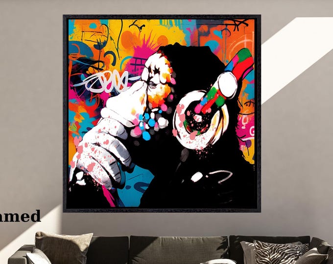 Banksy DJ Monkey Canvas Wall Art Banksy Thinking Square Monkey Music Thinker Graffiti Wall Art Extra Large Wall Art Gorilla Chimp Square