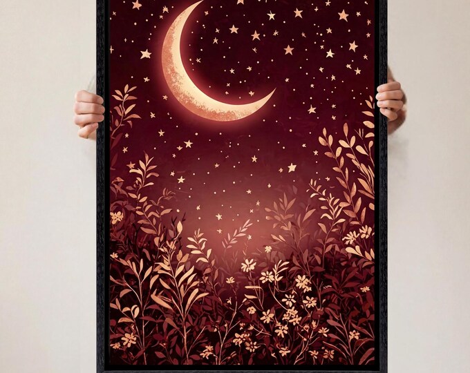 Forest Wildflowers Canvas Wall Art, Moonlit Pine Tree Forest Wall Art, Rustic Forest Painting, Full Moon Wall Art Painting Vintage Forest